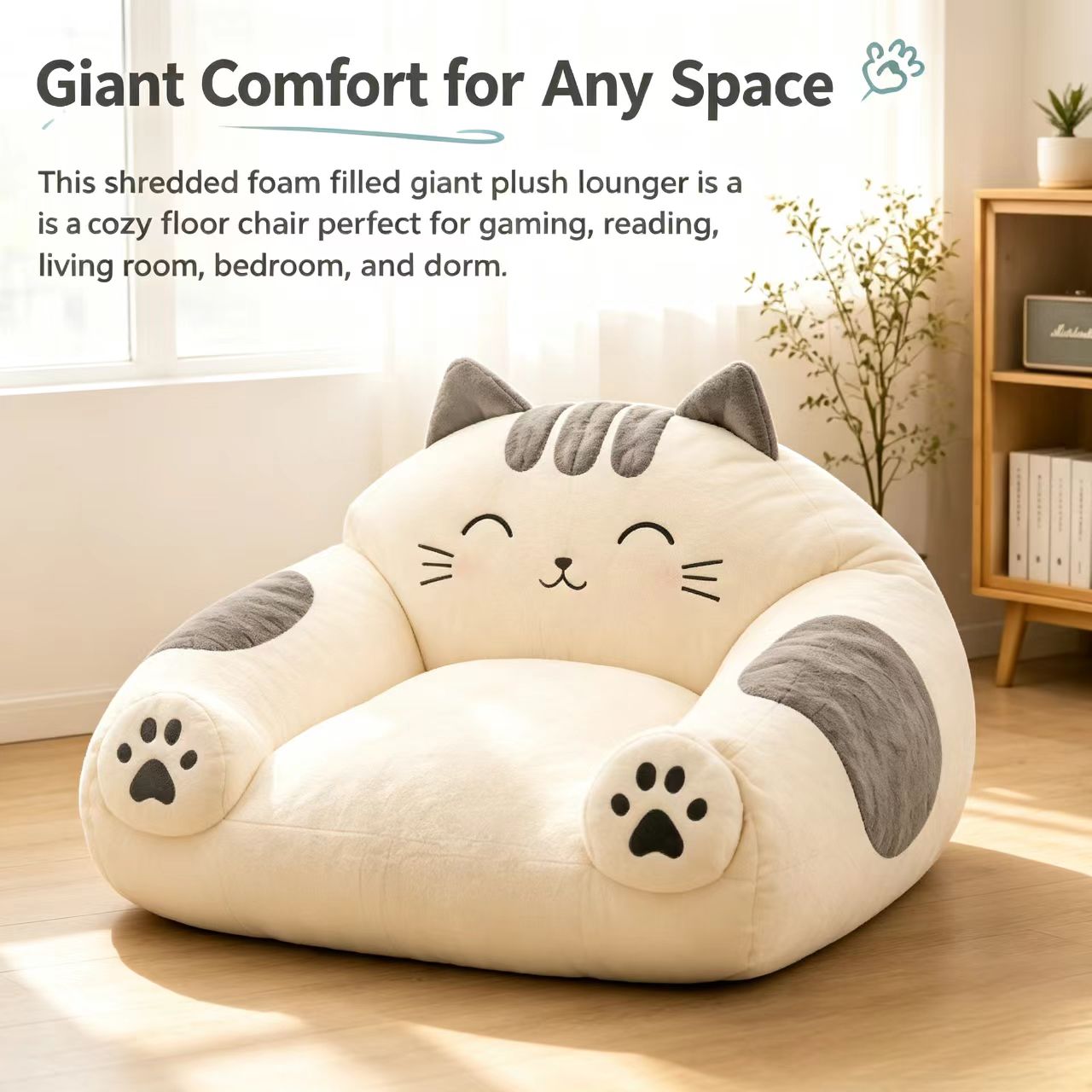 Cat Shaped Bean Bag Chair – Shredded Foam Filled Plush Floor Lounger for Bedroom, Living Room & Dorm